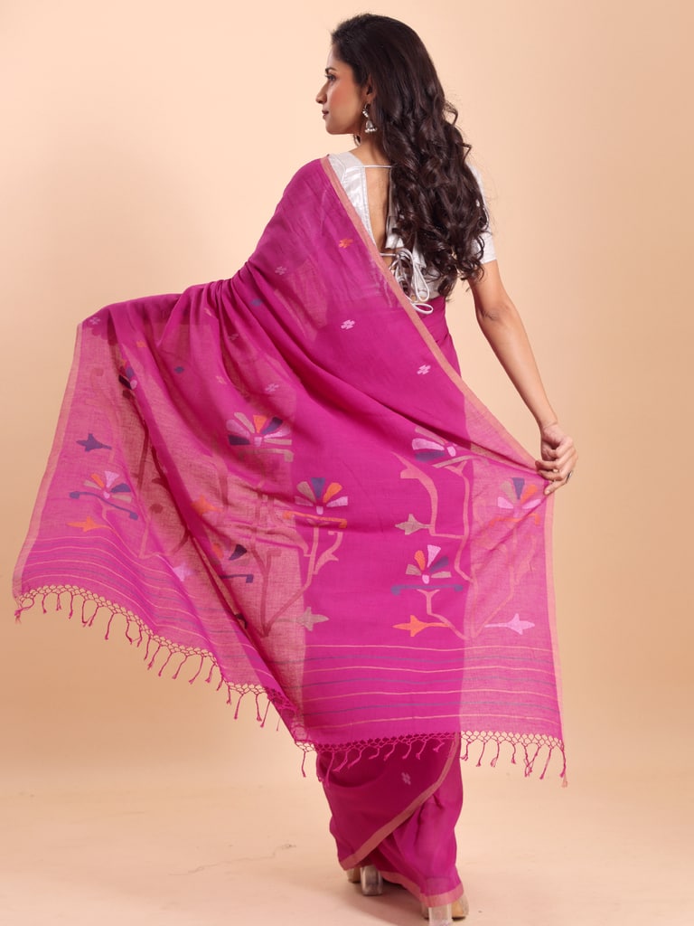 Handloom Malmal Cotton Handwoven Jamdani Saree - Fuchsia - Thumbnail 4
