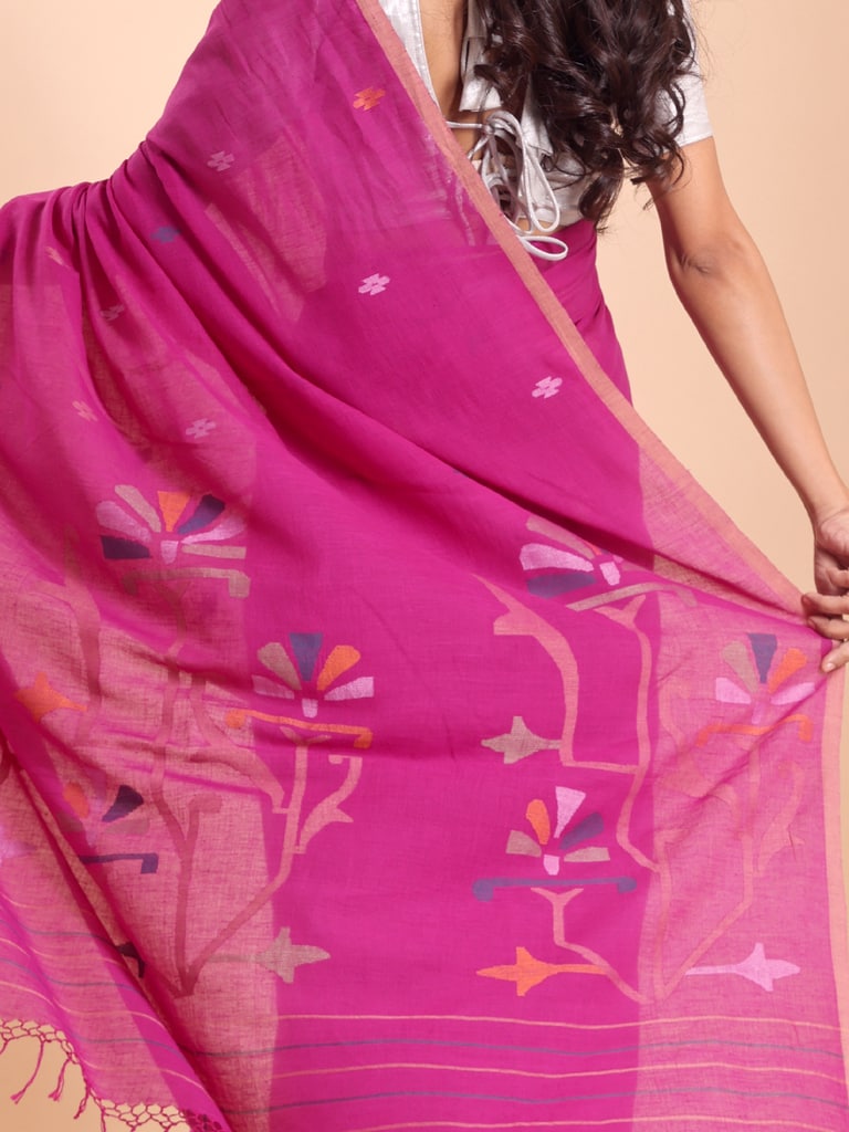 Handloom Malmal Cotton Handwoven Jamdani Saree - Fuchsia - Thumbnail 5
