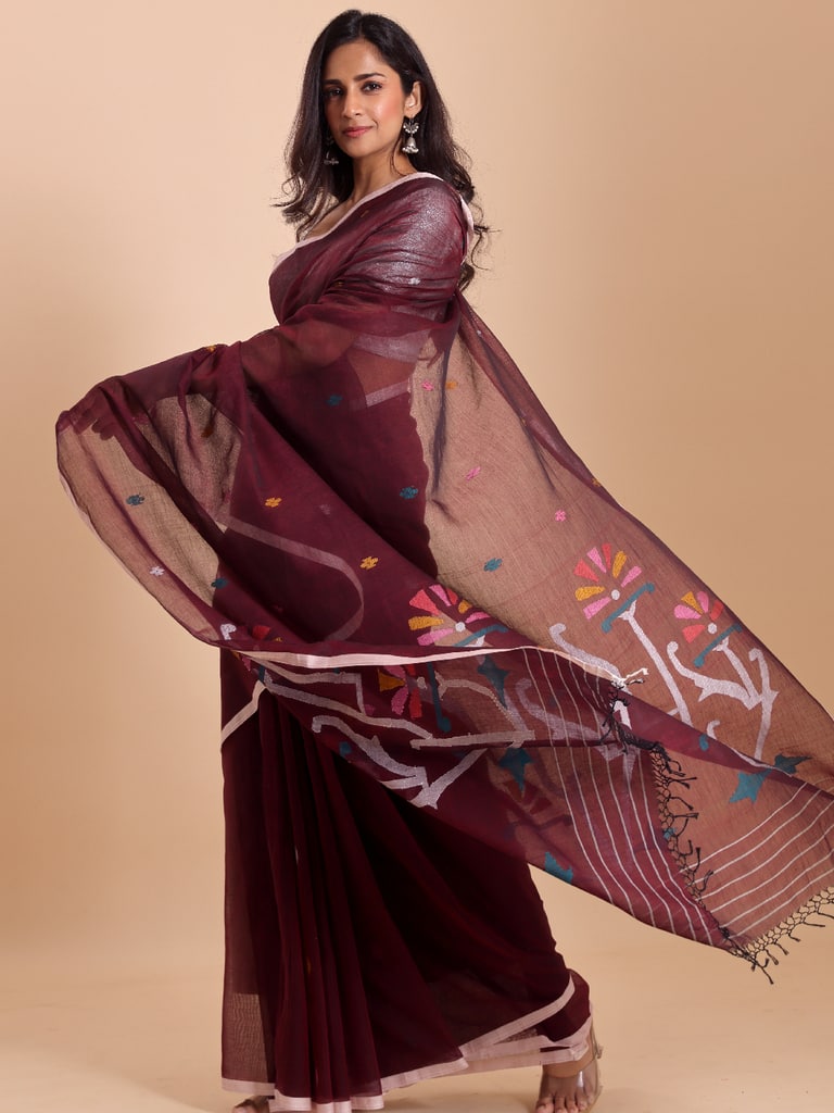 Handloom Malmal Cotton Handwoven Jamdani Saree - Maroon