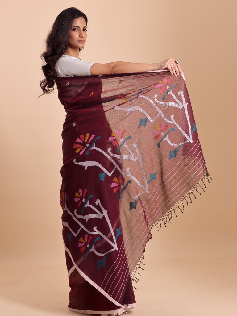 Handloom Malmal Cotton Handwoven Jamdani Saree - Maroon - Thumbnail 2