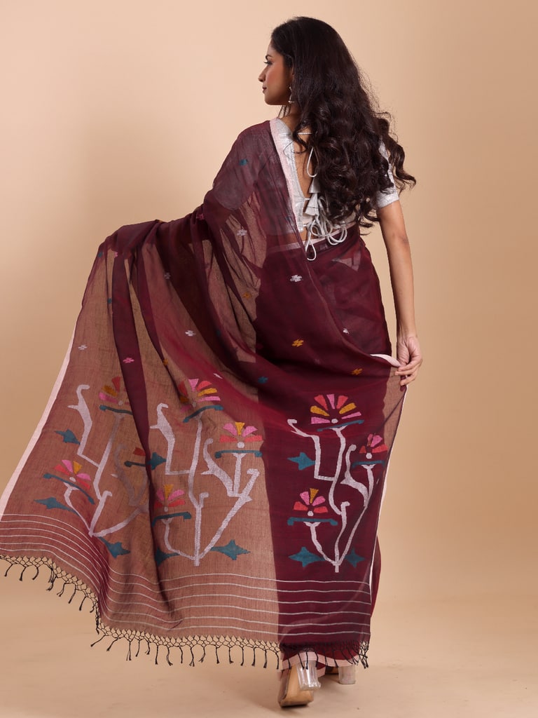Handloom Malmal Cotton Handwoven Jamdani Saree - Maroon - Thumbnail 4