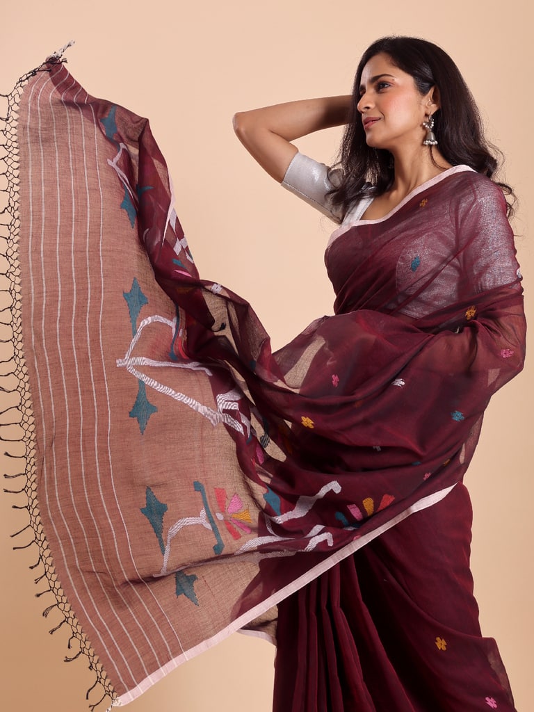 Handloom Malmal Cotton Handwoven Jamdani Saree - Maroon - Thumbnail 5