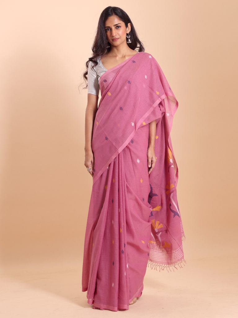 Handloom Malmal Cotton Handwoven Jamdani Saree - Sachet Pink