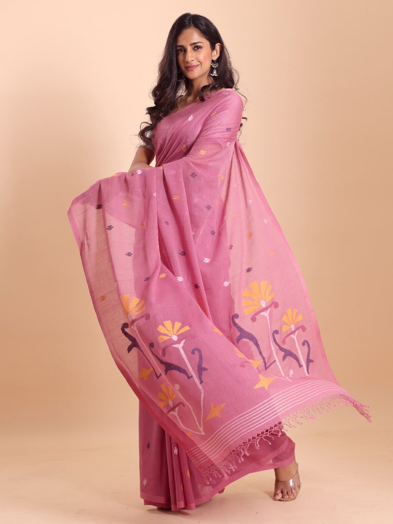 Handloom Malmal Cotton Handwoven Jamdani Saree - Sachet Pink - Thumbnail 2