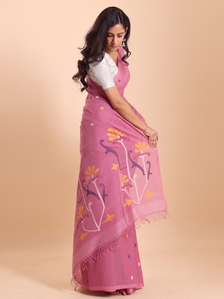 Handloom Malmal Cotton Handwoven Jamdani Saree - Sachet Pink - Thumbnail 3