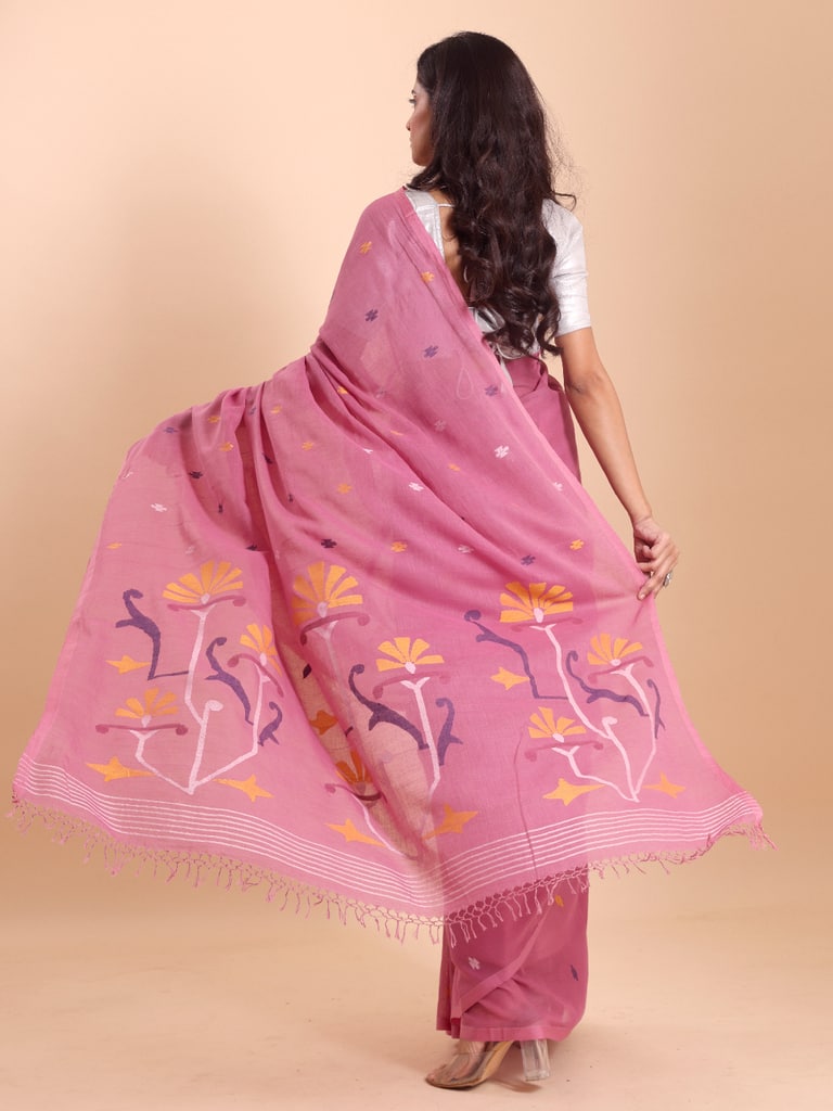 Handloom Malmal Cotton Handwoven Jamdani Saree - Sachet Pink - Thumbnail 4