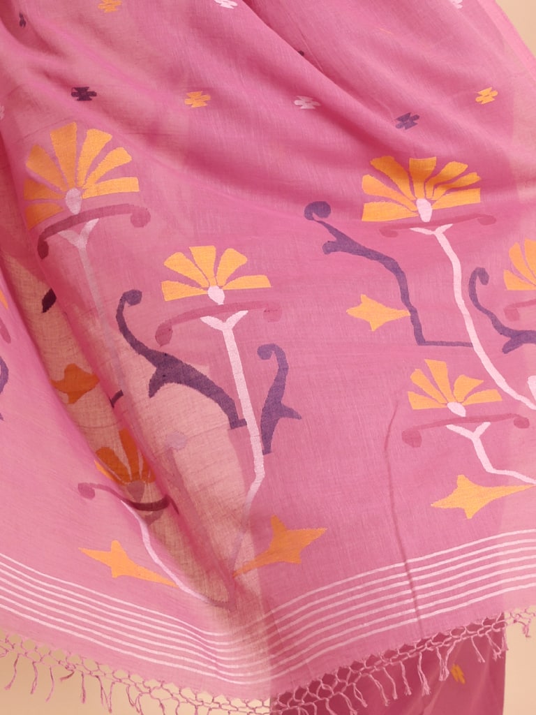 Handloom Malmal Cotton Handwoven Jamdani Saree - Sachet Pink - Thumbnail 5