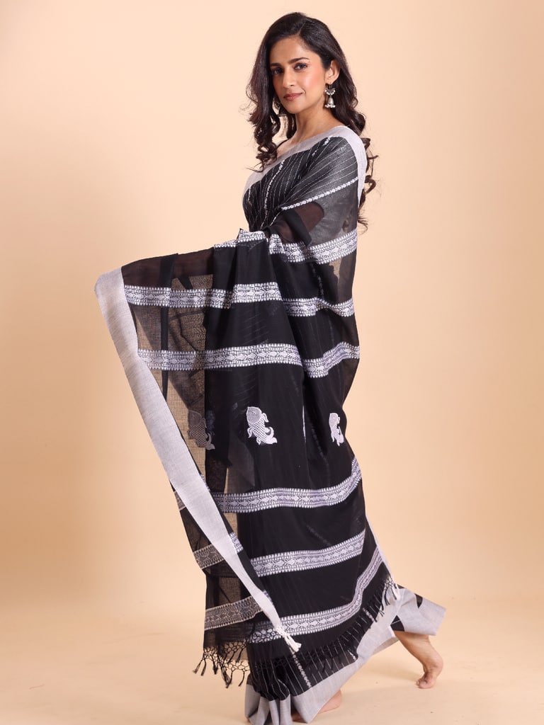 Handloom Fish Chain Jamdani Saree - Black - Thumbnail 3