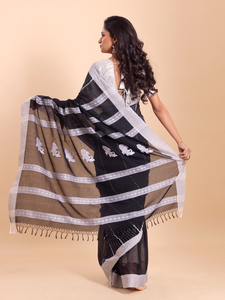 Handloom Fish Chain Jamdani Saree - Black - Thumbnail 4