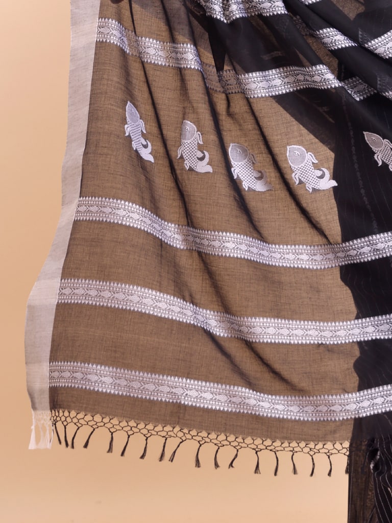 Handloom Fish Chain Jamdani Saree - Black - Thumbnail 5