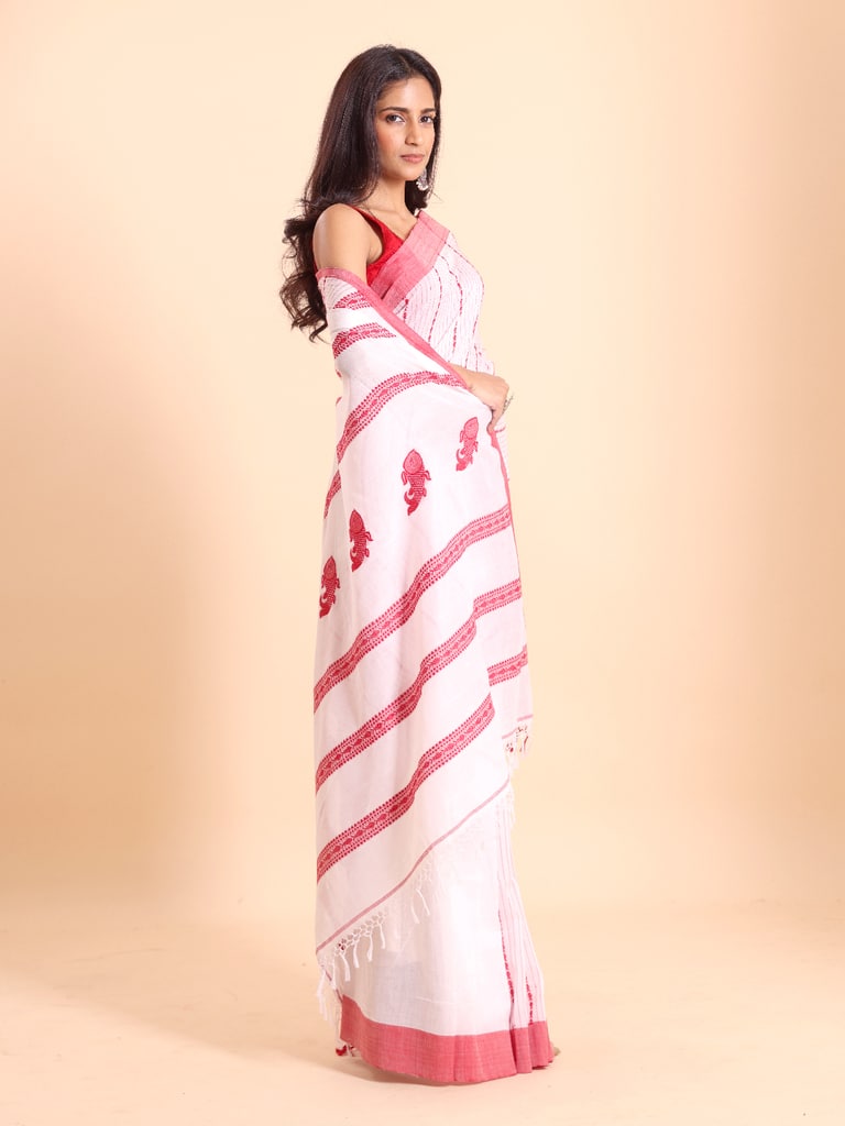 Handloom Fish Chain Jamdani Saree - Off White - Thumbnail 3