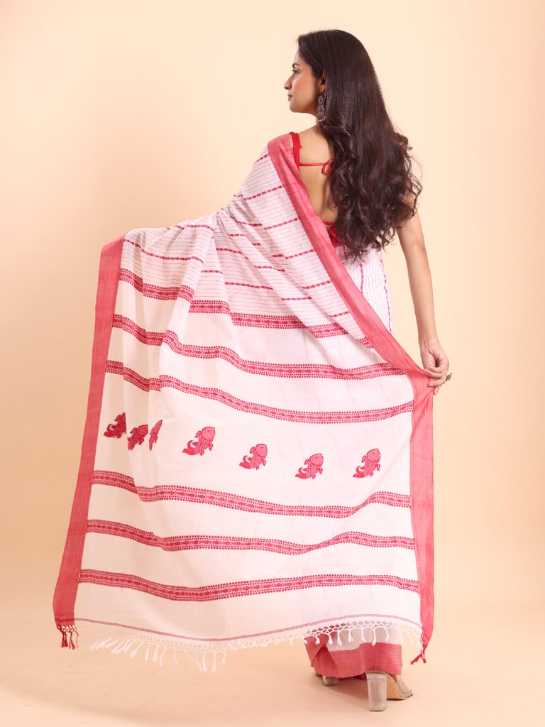 Handloom Fish Chain Jamdani Saree - Off White - Thumbnail 4