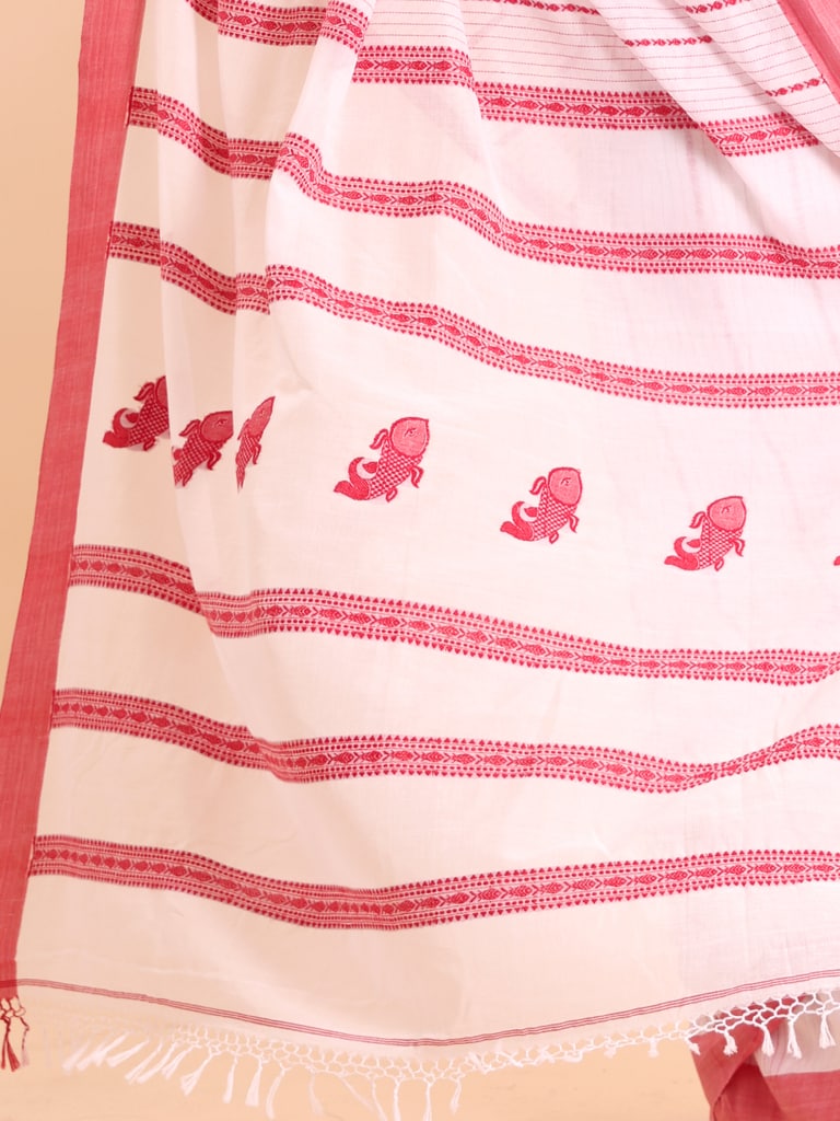Handloom Fish Chain Jamdani Saree - Off White - Thumbnail 5