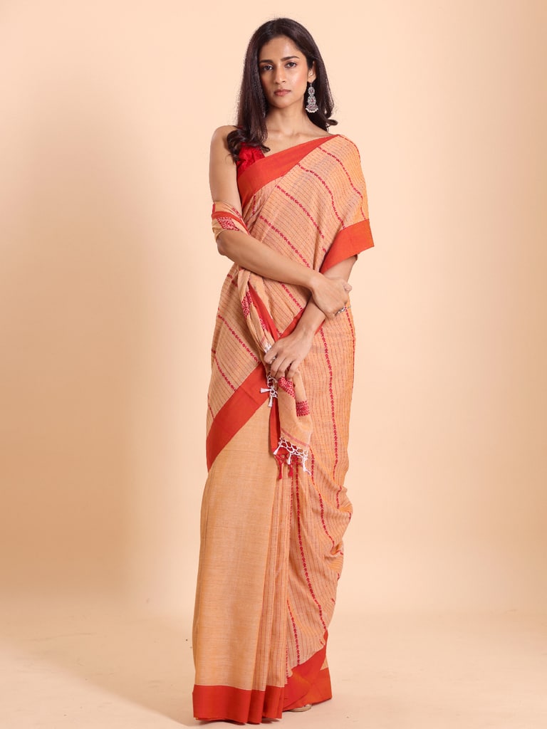 Handloom Fish Chain Jamdani Saree - Peanut - View 1