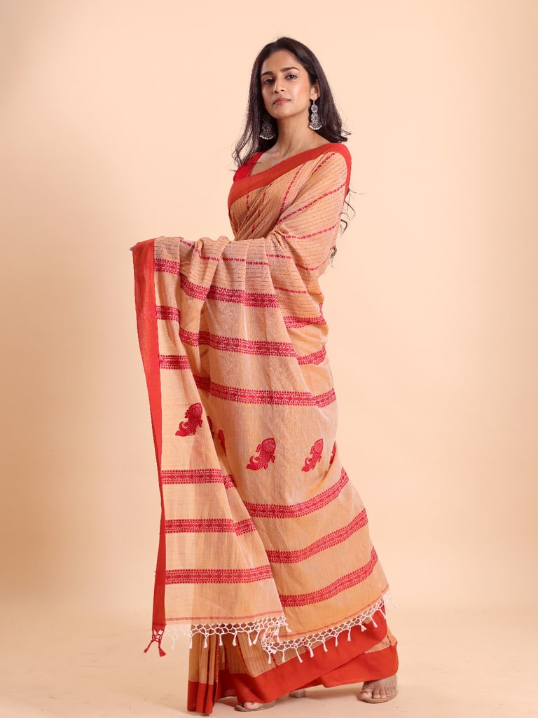 Handloom Fish Chain Jamdani Saree - Peanut - View 2