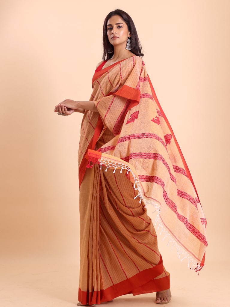 Handloom Fish Chain Jamdani Saree - Peanut - Thumbnail 3