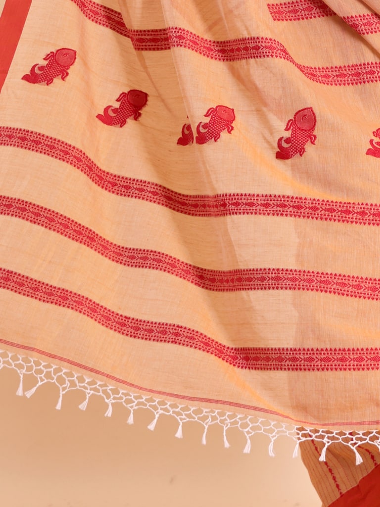Handloom Fish Chain Jamdani Saree - Peanut - Thumbnail 5
