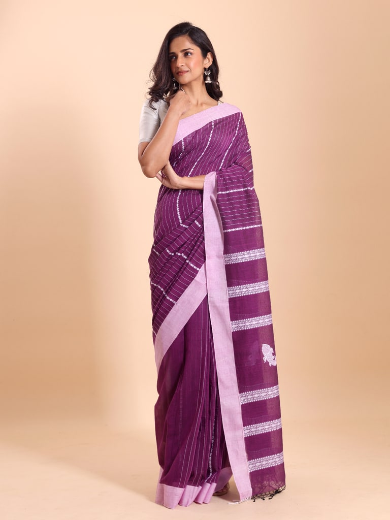 Handloom Fish Chain Jamdani Saree - Purple Orcid - View 1