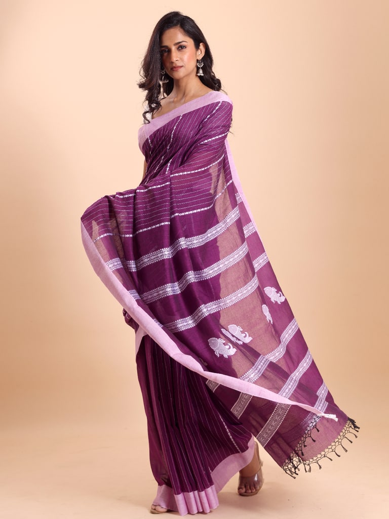 Handloom Fish Chain Jamdani Saree - Purple Orcid - View 2