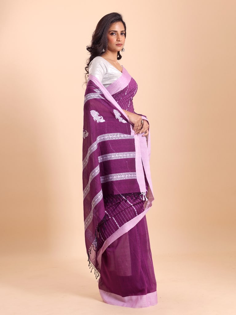 Handloom Fish Chain Jamdani Saree - Purple Orcid - Thumbnail 3