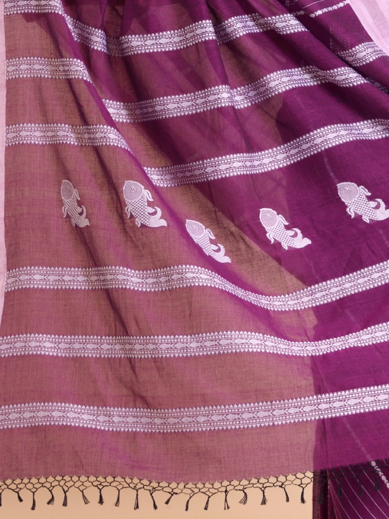 Handloom Fish Chain Jamdani Saree - Purple Orcid - Thumbnail 5