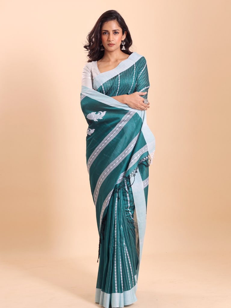 Handloom Fish Chain Jamdani Saree - Turquoise - View 1