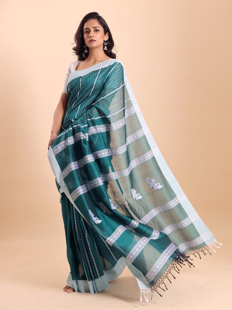 Handloom Fish Chain Jamdani Saree - Turquoise - View 2