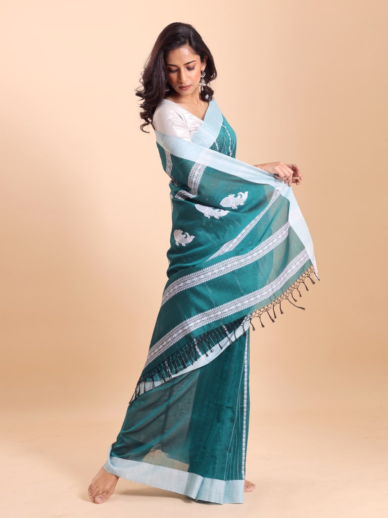 Handloom Fish Chain Jamdani Saree - Turquoise - Thumbnail 3