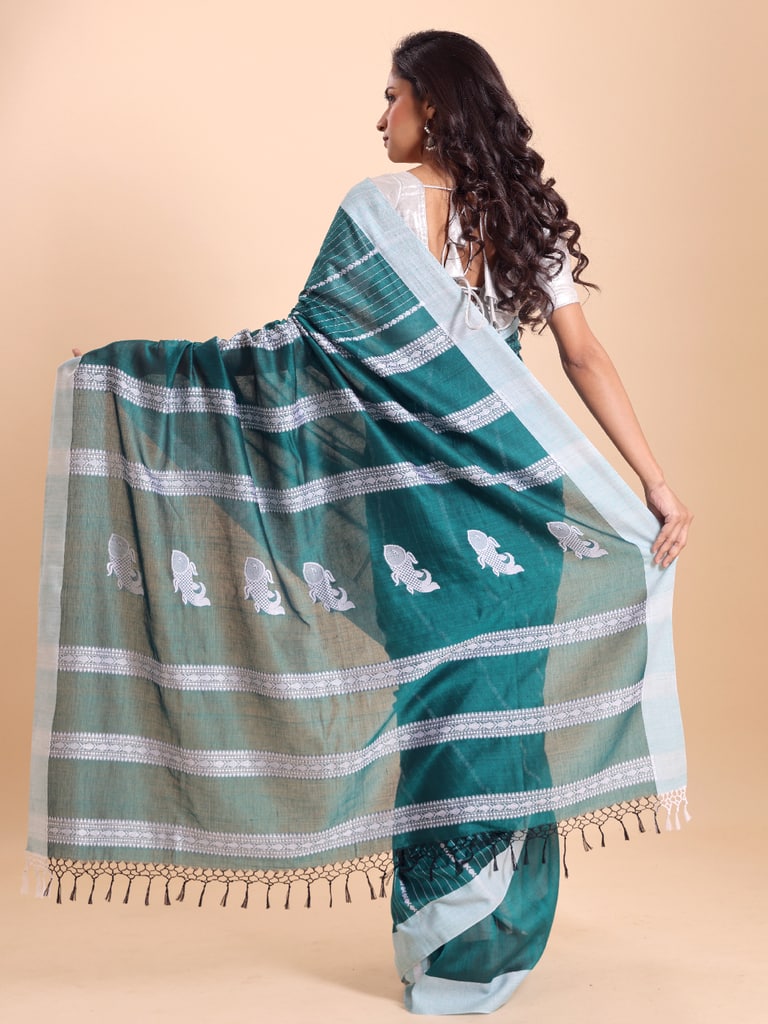 Handloom Fish Chain Jamdani Saree - Turquoise - Thumbnail 4