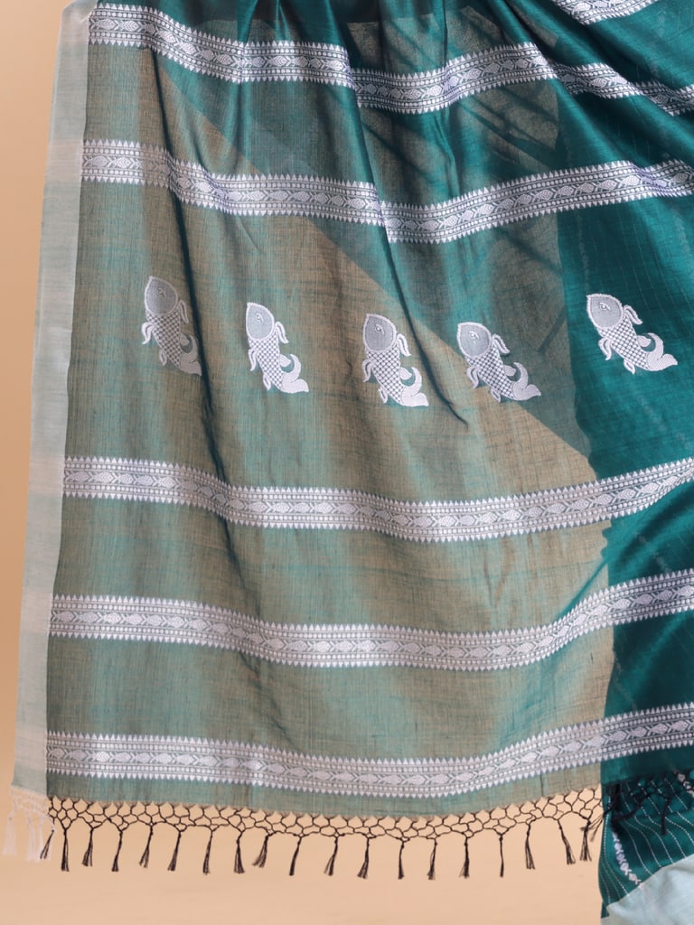 Handloom Fish Chain Jamdani Saree - Turquoise - Thumbnail 5