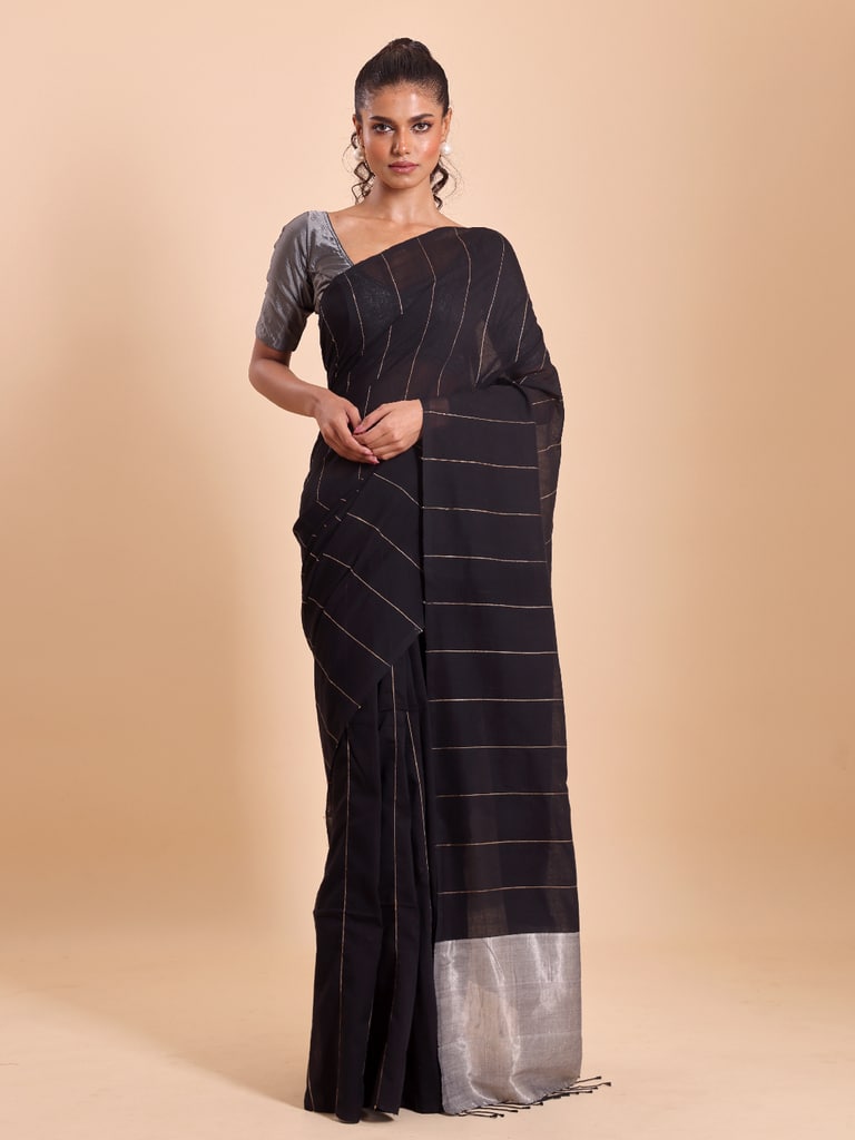Handloom Ghicha Stripe Saree - Black - View 1