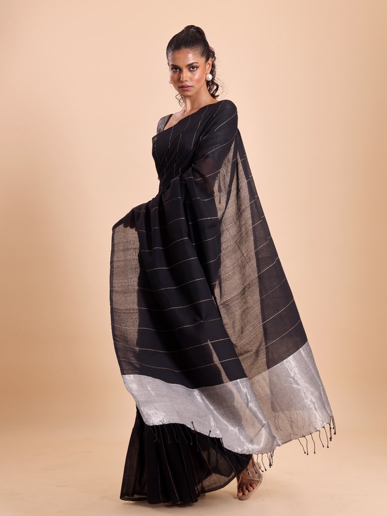 Handloom Ghicha Stripe Saree - Black - View 2