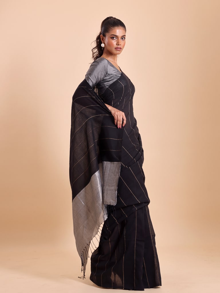 Handloom Ghicha Stripe Saree - Black - View 3