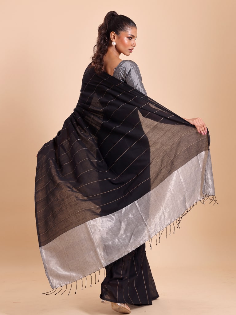 Handloom Ghicha Stripe Saree - Black - View 4