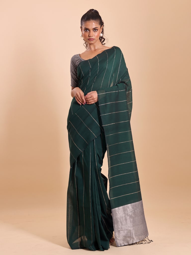 Handloom Ghicha Stripe Saree - Bottle Green - View 1