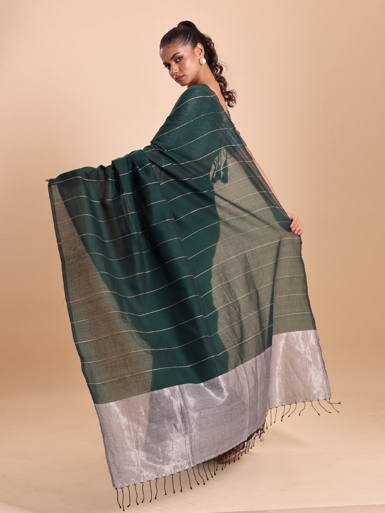 Handloom Ghicha Stripe Saree - Bottle Green - View 2