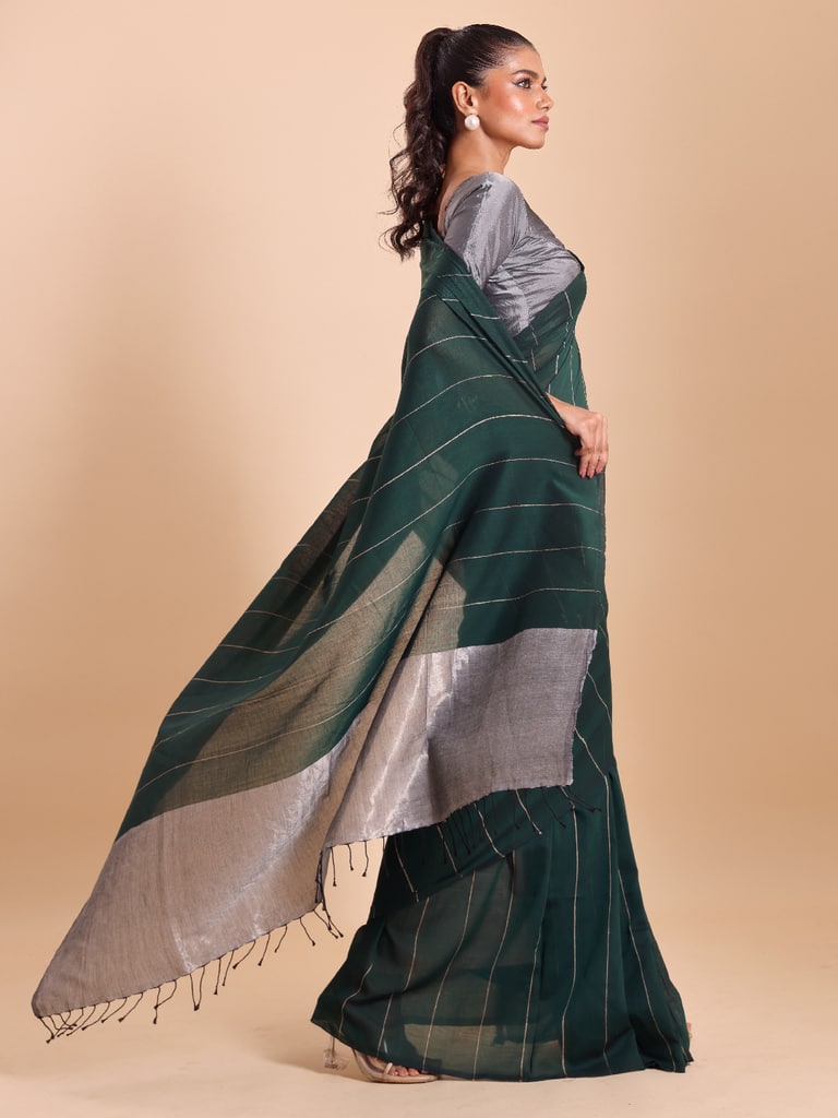 Handloom Ghicha Stripe Saree - Bottle Green - View 3