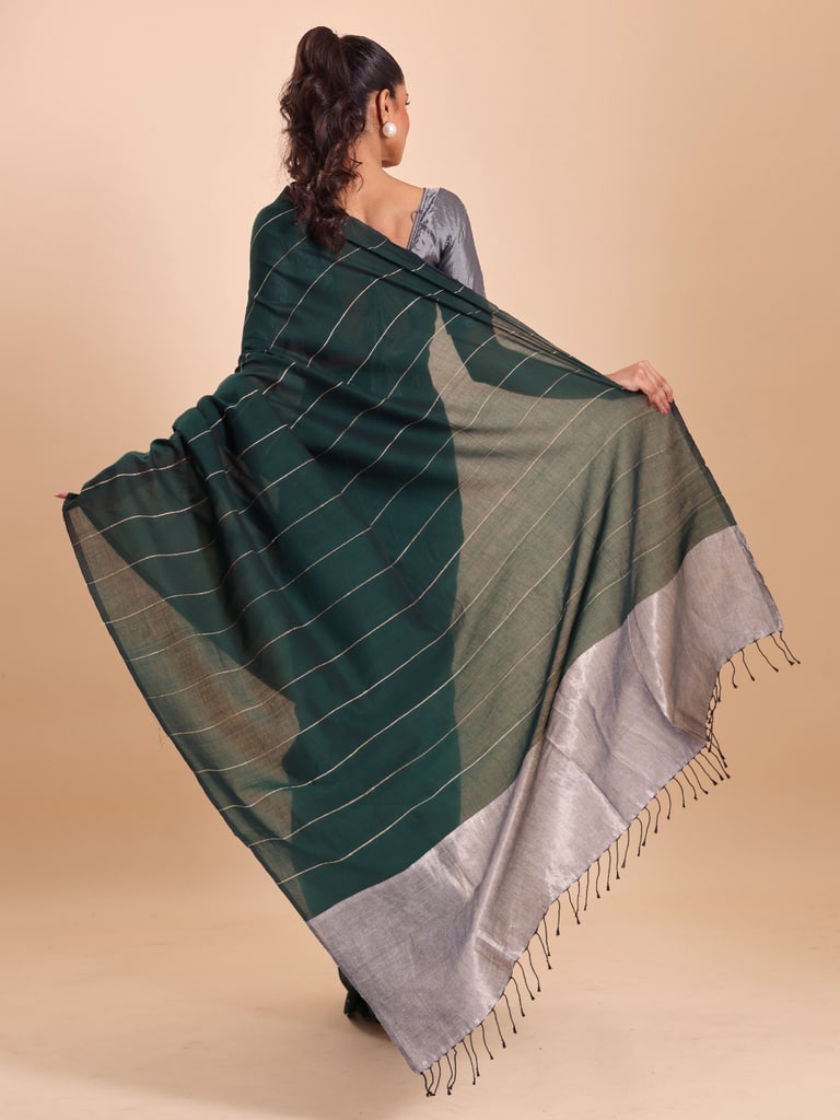 Handloom Ghicha Stripe Saree - Bottle Green - View 4