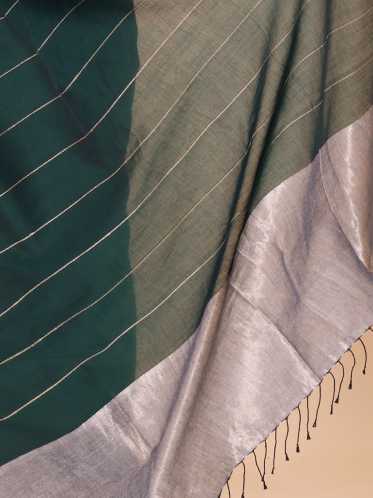 Handloom Ghicha Stripe Saree - Bottle Green - View 5