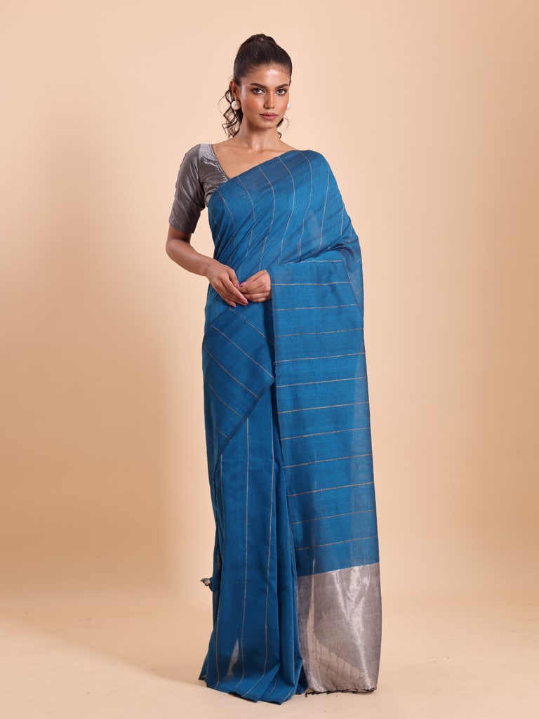 Handloom Ghicha Stripe Saree - Diva Blue - View 1