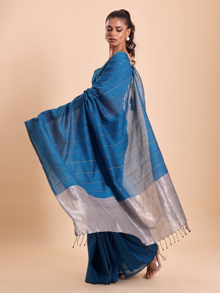 Handloom Ghicha Stripe Saree - Diva Blue - View 2