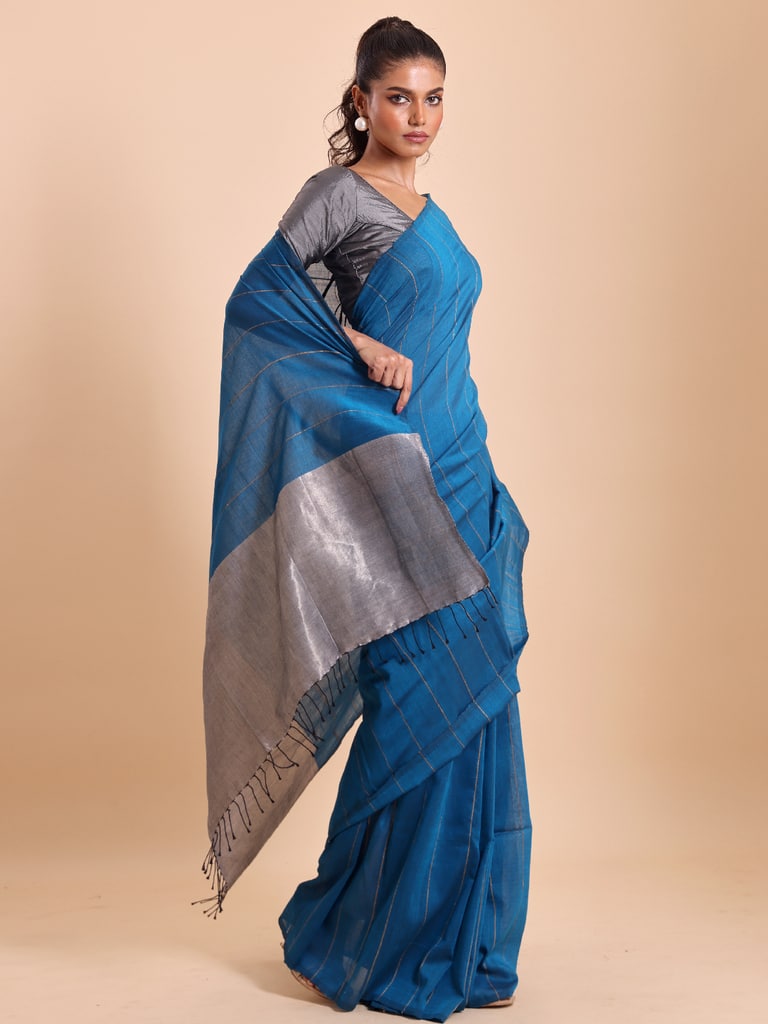 Handloom Ghicha Stripe Saree - Diva Blue - View 3