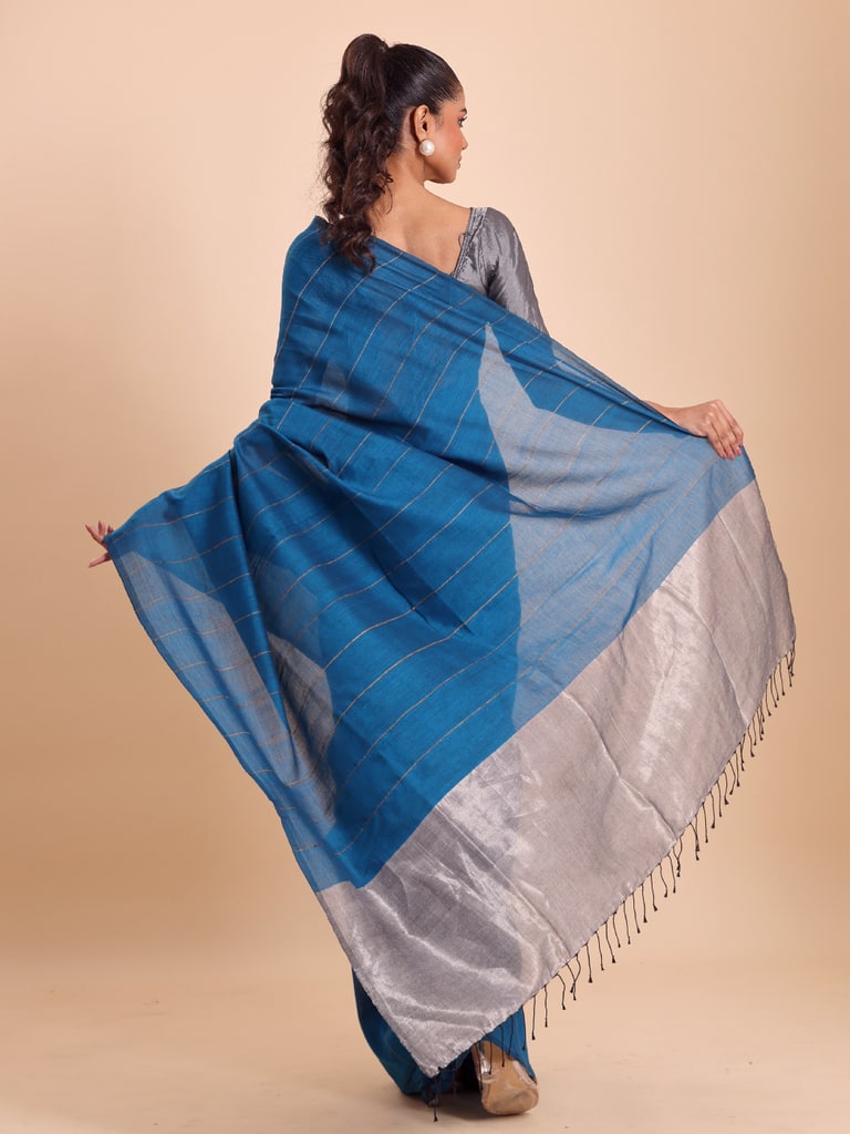 Handloom Ghicha Stripe Saree - Diva Blue - View 4