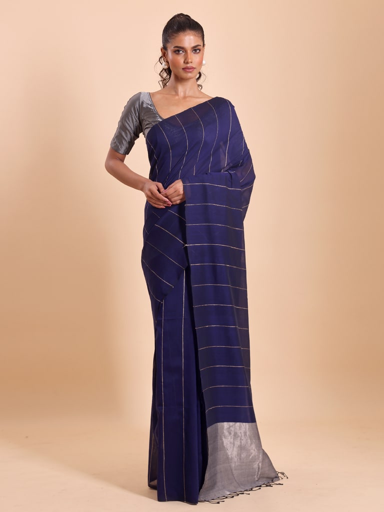 Handloom Ghicha Stripe Saree - Navy - View 1