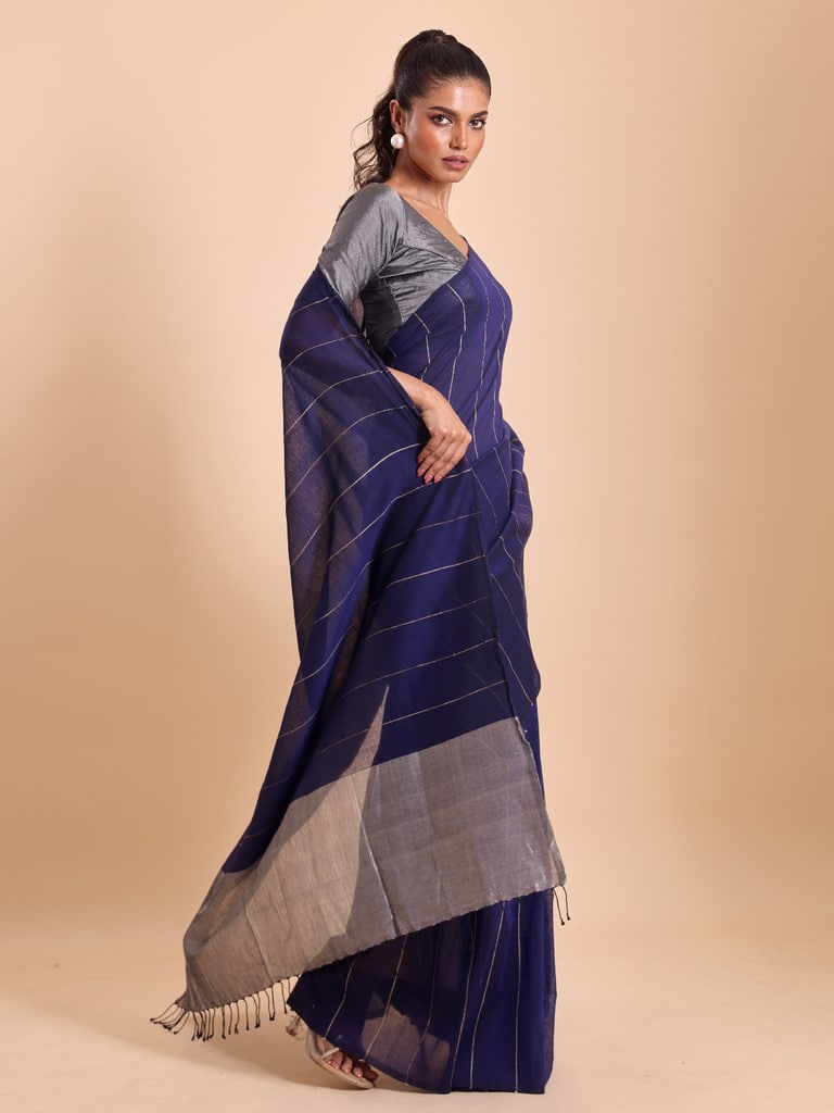 Handloom Ghicha Stripe Saree - Navy - View 2