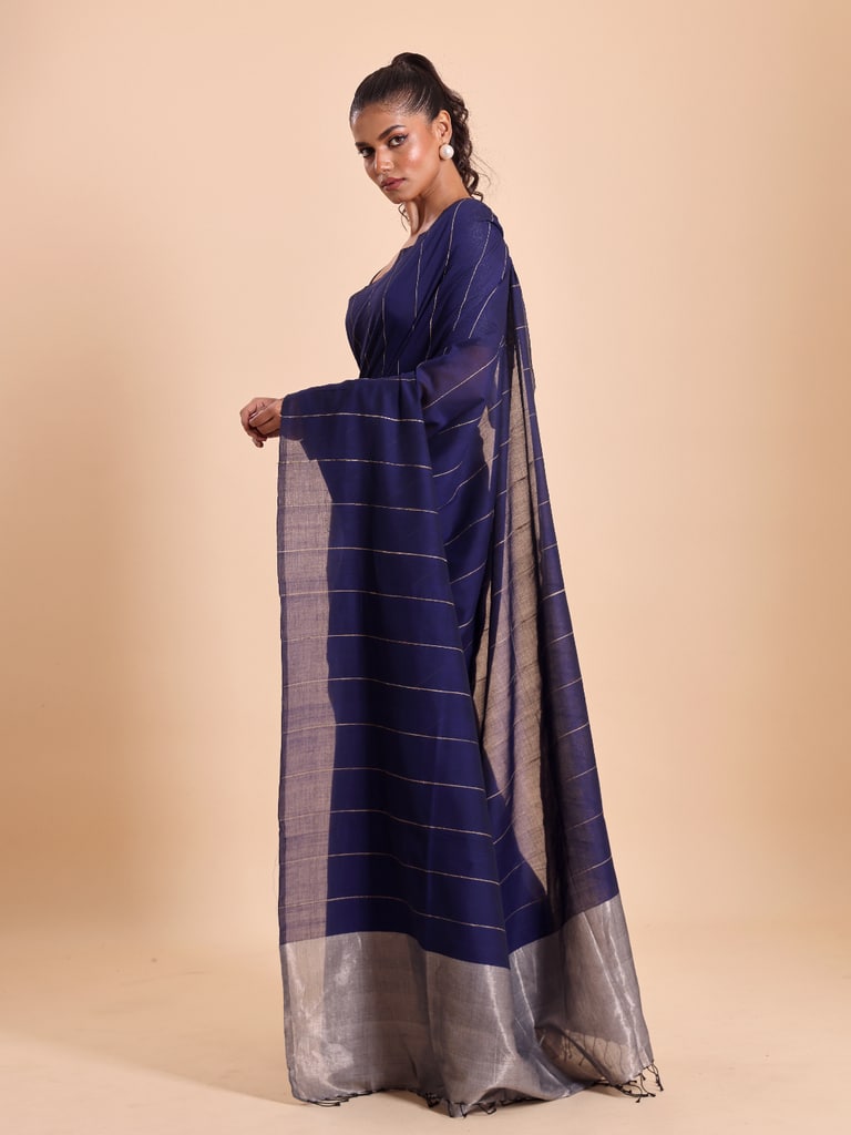 Handloom Ghicha Stripe Saree - Navy - View 3