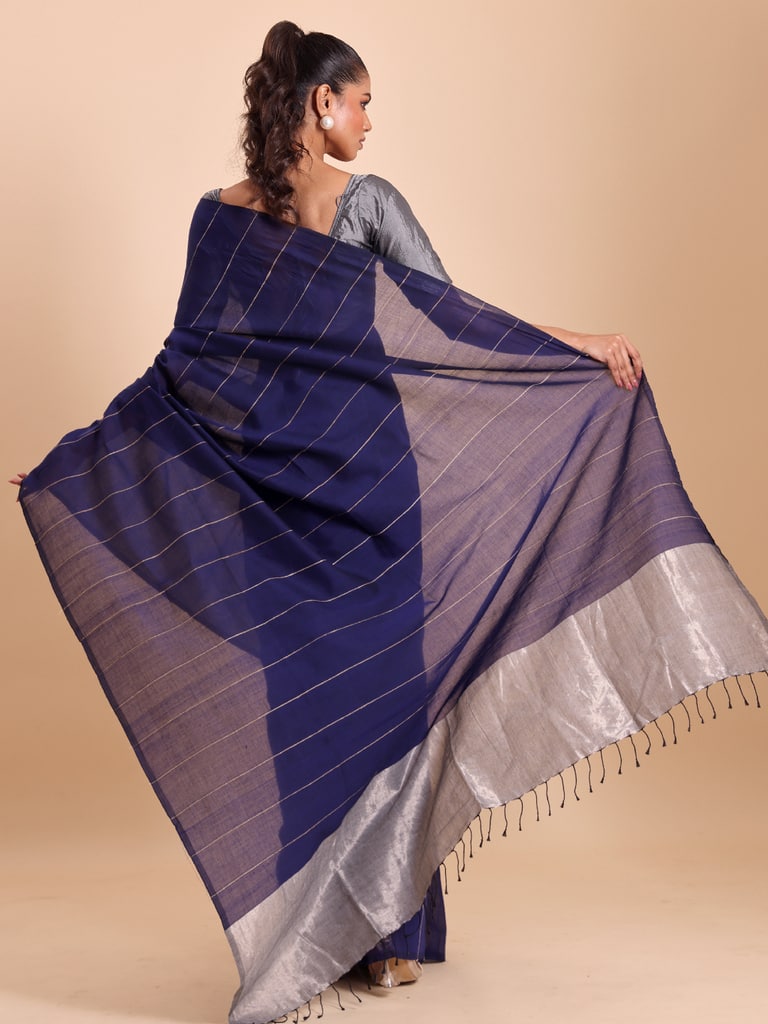 Handloom Ghicha Stripe Saree - Navy - View 4