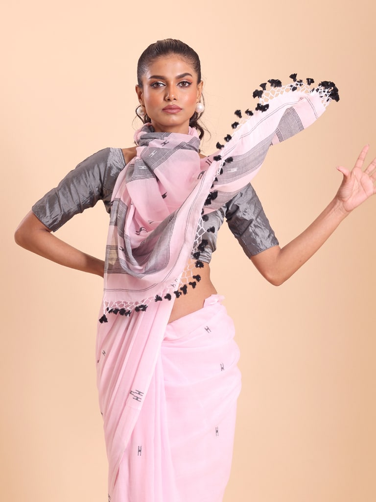 Handloom Malmal H Buti Saree - Crystal Rose - View 1