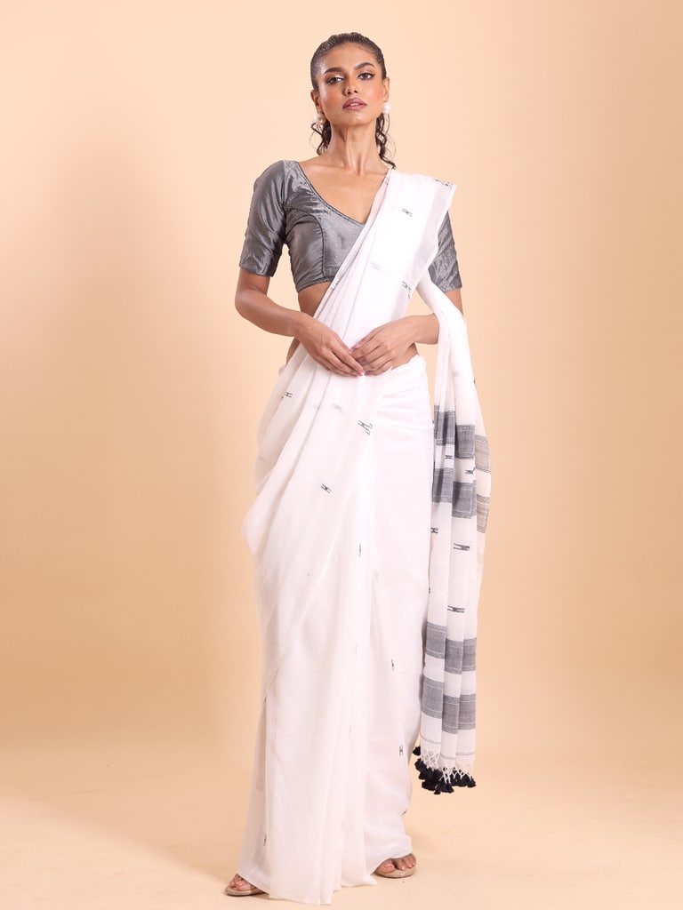 Handloom Malmal H Buti Saree - Off White - View 1
