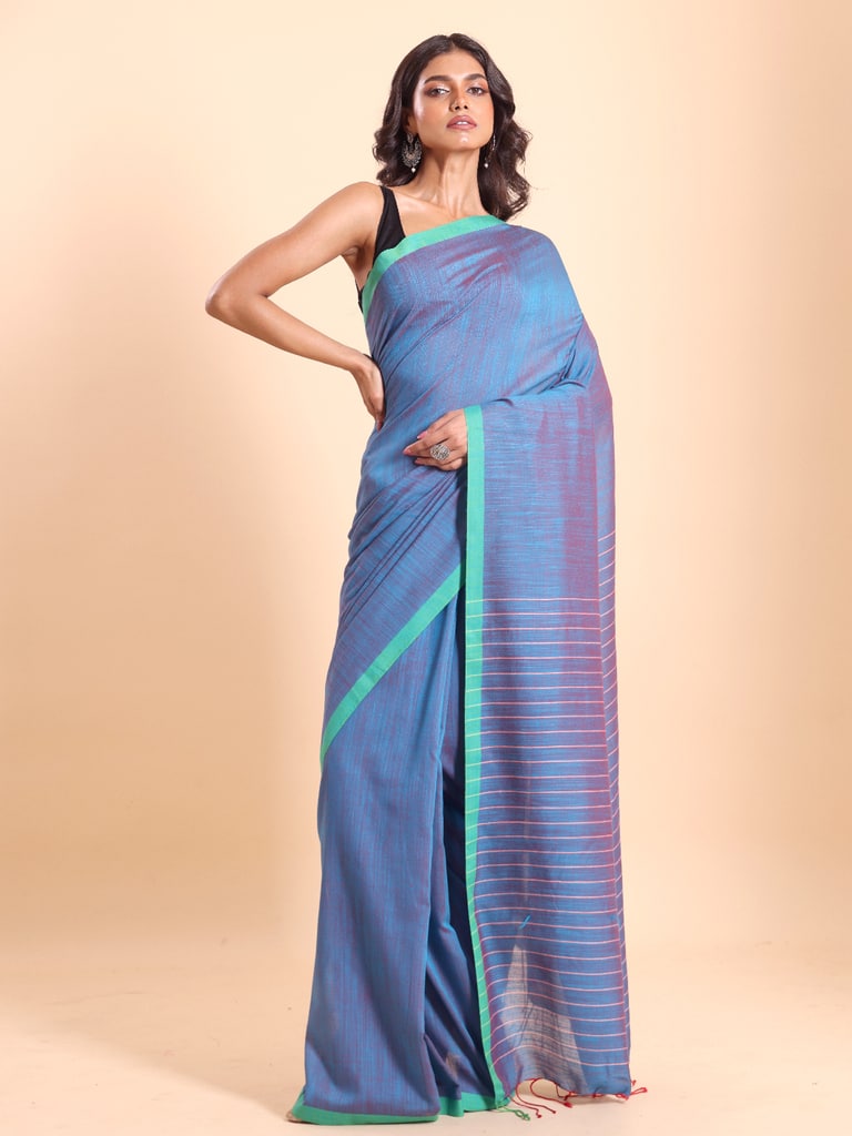 Handloom Anchal Stripe Body Plain Saree - Dupian Blue - Thumbnail 3